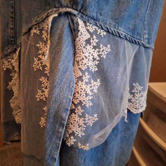 Elegant Lace Trim Denim Button Down Shirt - Picture 5 of 9